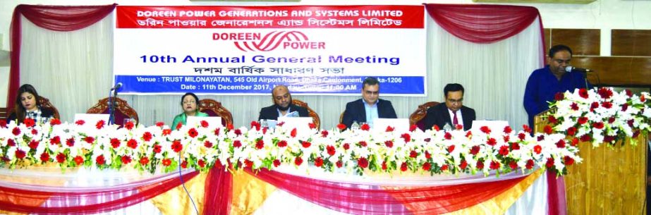 Parveen Alam, Chairman of Doreen Power Generations and Systems Limited, presiding over its 10th AGM at a city convention centre on Monday. The AGM approved 10 percent cash and 10 percent stock dividend for its Shareholders. Tahzeeb Alam Siddique, Managing