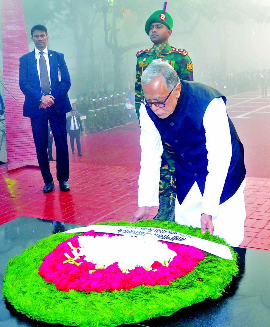 President Md Abdul Hamid placing wreaths at The Martyred Intellectuals Memorial in city's Mirpur marking the Martyred Intellectuals Day on Thursday.