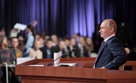 Russian President Vladimir Putin holds his annual end-of-year news conference in Moscow on Thursday.