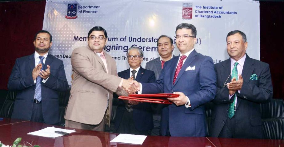 ICAB President Adeeb Hossain Khan FCA and Treasurer of Dhaka University Prof Md. Kamal Uddin sign a MoU in presence of Prof Dr Md. Akhtaruzzaman, Vice Chancellor of the University at the Conference Hall of its Faculty of Business Studies on Thursday.