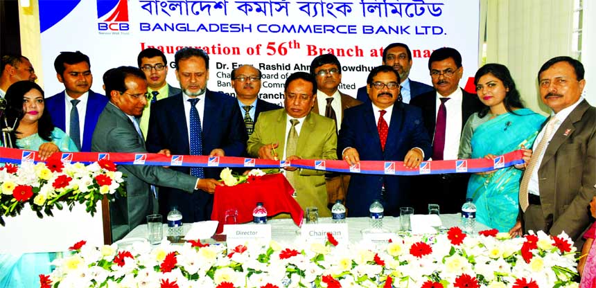 Dr. Engr. Rashid Ahmed Chowdhury, Chairman, Board of Directors of Bangladesh Commerce Bank Limited, inaugurating its 56th Branch at city's Banani on Tuesday. RQ M Forkan, Managing Director, Humayun Bokhteyar, EC Chairman and Md. Saifur Rahman Patwary, AM