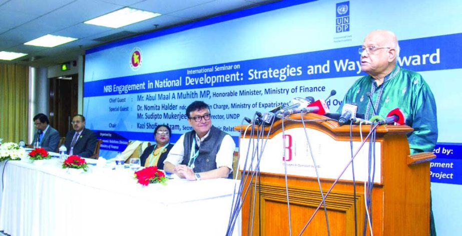 Finance Minister AbulMaal Abdul Muhith, addressing at international seminar on "NRB Engagement in National Development: Strategies and Way Forward" organized by Economic Relations Division (ERD) with the assistance of UNDP supported Knowledge for Develo