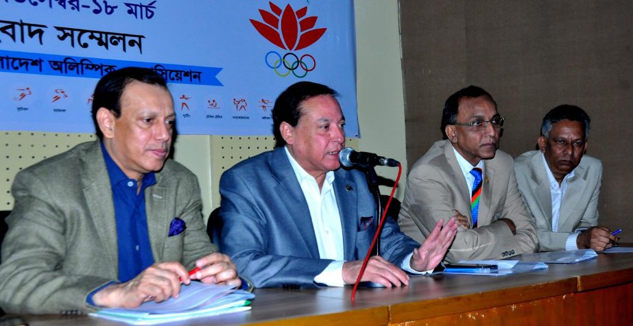 Secretary General of Bangladesh Olympic Association Syed Shahed Reza speaking at a press conference at the Dutch-Bangla Bank Auditorium in Bangladesh Olympic Association Bhaban on Sunday.