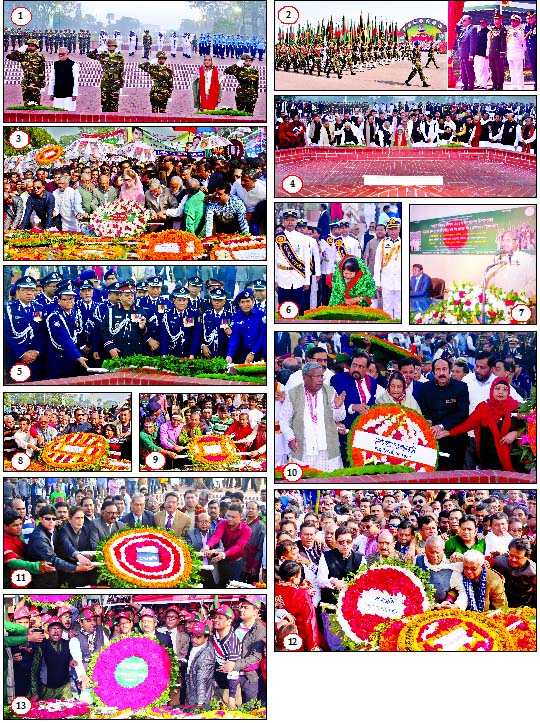 (1) President Abdul Hamid and Prime Minister Sheikh Hasina placing floral wreaths at the Savar National Memorial on Saturday marking glorious Victory Day, (2) President Abdul Hamid taking salute of the Armed Forces at Jatiya Parade Square, (3) BNP Chairpe