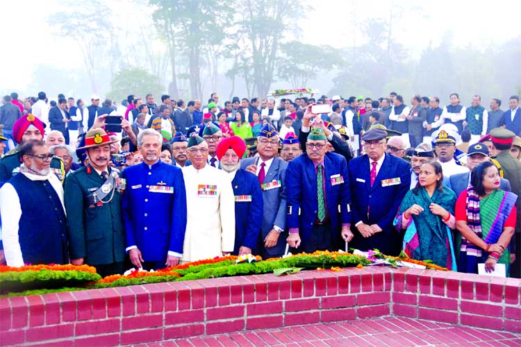 Marking the 47th Victory Day, a team of Indian allied forces led by Major General (Rtd) Joy Bhagaban Singh Jadov placing wreaths at the Savar National Memorial on Saturday.