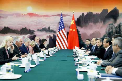 US Secretary of State Rex Tillerson (2nd L) attends a meeting with Chinese Foreign Minister Wang Yi (3rd R) at the Great Hall of the People in Beijing in September.