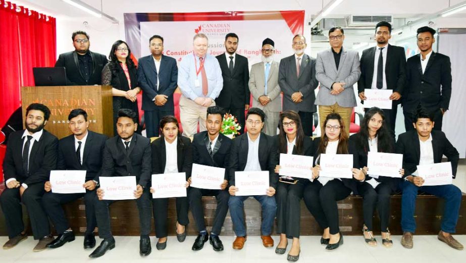 Prof William H Derrenger, Vice Chancellor (Acting), Canadian University of Bangladesh is seen with the participants at a discussion meeting on constitution of Bangladesh held at the University campus on Thursday.