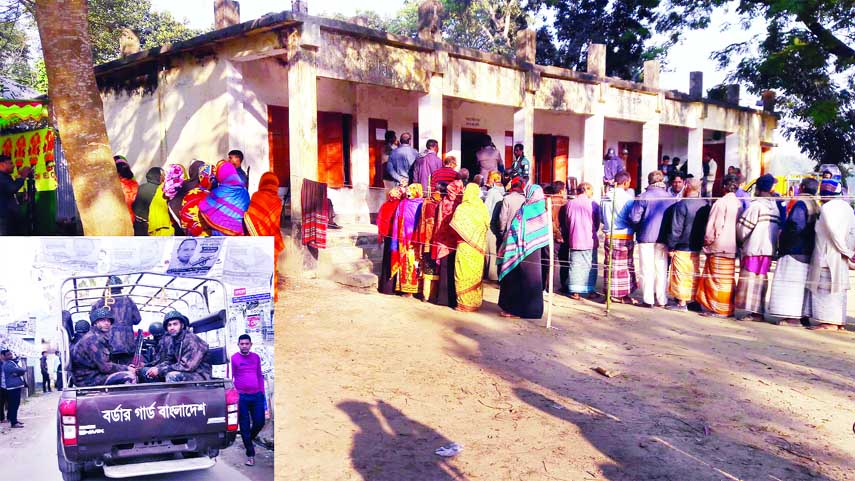 Voters in queue to caste their votes at Mayoral post of Rangpur City Corporation, BGB members (inset) being deployed for holding polls peacefully and to quell violence. This photo was taken from Rangpur Govt Girls High school on Thursday.