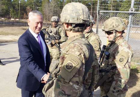 Defense Secretary Jim Mattis greets soliders at Fort Bragg, N.C. on Friday