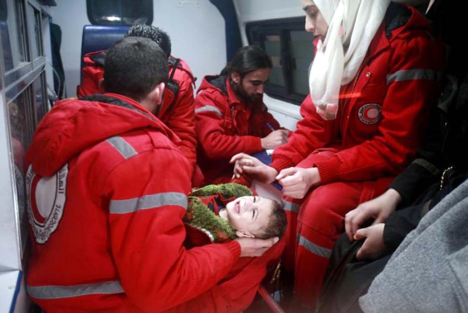 Aid workers begin evacuating emergency medical cases from Syria's besieged rebel bastion of Eastern Ghouta late on Tuesday after months of waiting during which the United Nations says at least 16 people died.