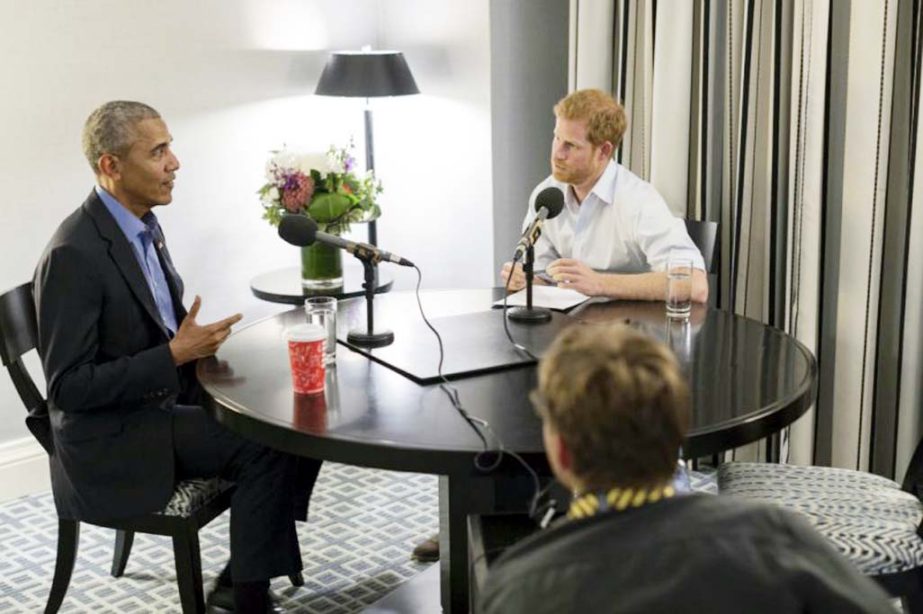 Britain's Prince Harry, right, interviews former US President Barack Obama as part of his guest editorship of BBC Radio 4's Today programme which is to be broadcast on Wednesday.