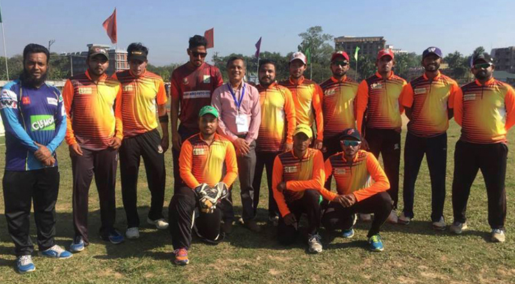 Members of 'Team Diamond' of Metropolitan University, pose for photo after beating 'Legend Team' of North East University by seven wickets in the opening match of the Klemon-Councilor Azad Cup T20 Cricket Tournament at the MC College Ground in Sylhet