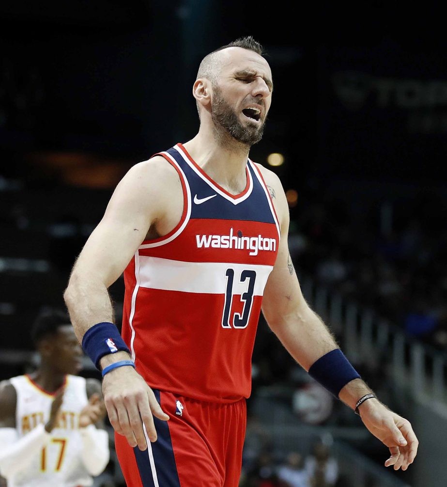 Washington Wizards' Marcin Gortat, of Poland, reacts after being called for a foul in the second quarter of an NBA basketball game against the Atlanta Hawks in Atlanta on Wednesday.