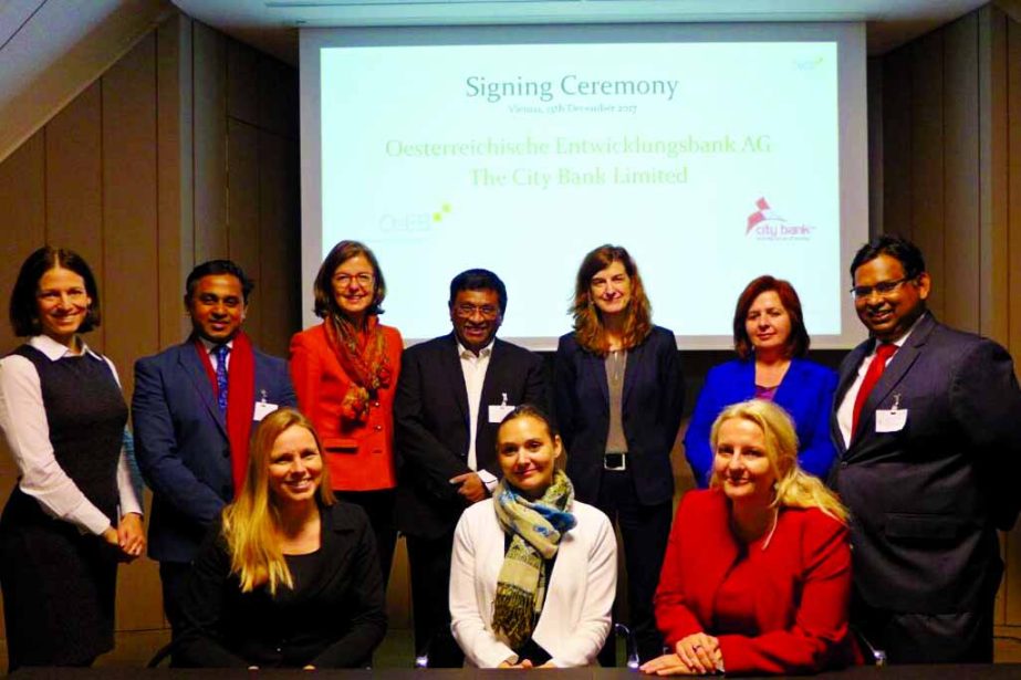 City Bank Managing Director Sohail R. K. Hussain, OeEB Executive Director Andrea Hagmann and Managing Director, Investment Finance Division Sabine Gaber pose after agreement signing of $15 million funds for RMG and Offshore Banking portfolios in Vienna, A