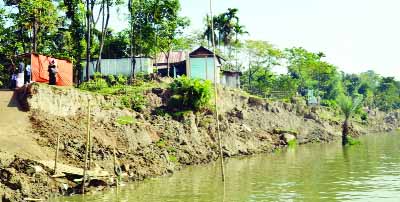 SYLHET: With the fall of water level, Surma River has taken a serious turn at Dowarabazar Upazila devouring homestead, mosque and educational institutions. This picture was taken yesterday.