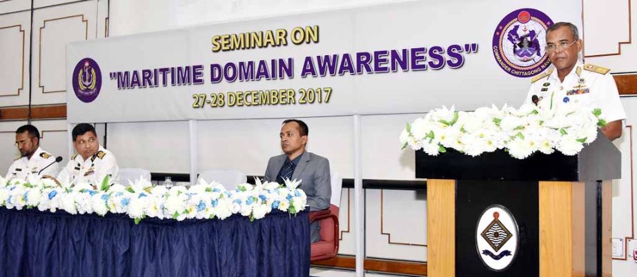 Rear Admiral M Abu Ashraf, Commander, Chittagong Naval Zone speaking at a seminar on maritime domain awareness organised by School of Maritime Warfare and Tactics as a part of Exercise Safe Guard-2017 of Bangladesh Navy at Chittagong on Thursday.