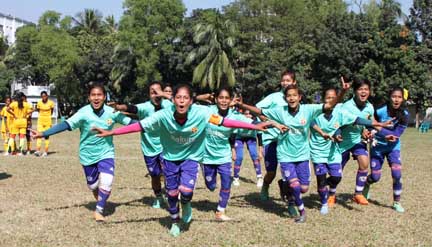 players of Keraniganj Green team celebrating after beating Keraniganj Red team by 6-2 goals in the first semi-final of the Dhaka District Women's Football Competition at the Sultana Kamal Women's Sports Complex in the city's Dhanmondi on Saturday.