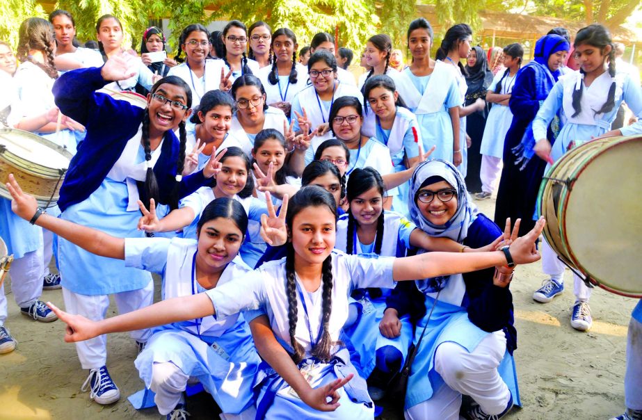 Viqarunnisa Noon School PEC and JSC students celebrating their victory after getting their results on Saturday.