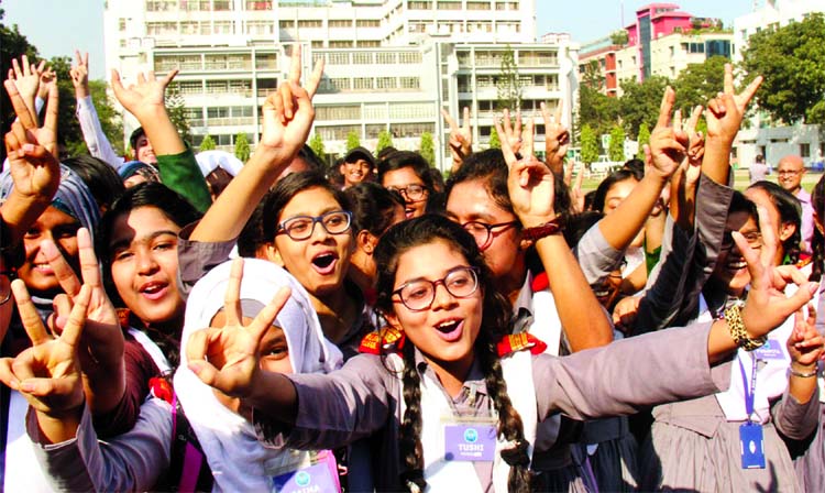 Students of Rajuk Uttara School celebrating their victory after JSC and PEC results published on Saturday.