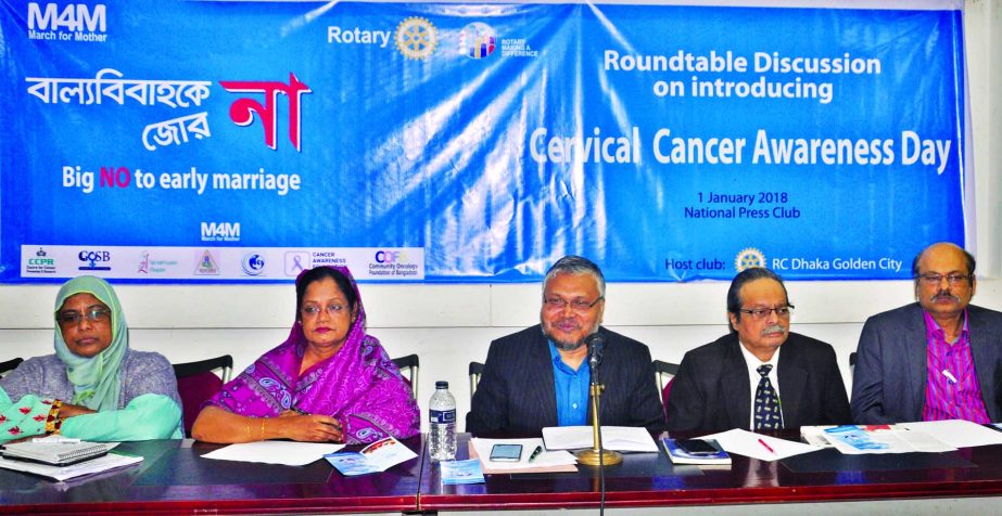 Participants at the roundtable at the Jatiya Press Club on Monday marking Cervical Cancer Awareness Day.