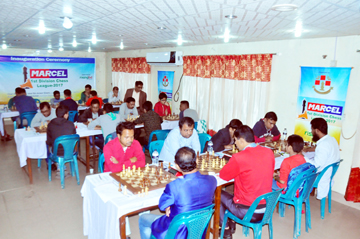 A scene from the 4th round matches of the Marcel First Division Chess League at Bangladesh Chess Federation hall-room on Tuesday.