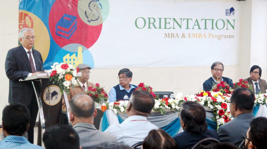 Dr Mohammed Farashuddin, Chairperson of Board of Trustees, East West University and Former Governor of Bangladesh Bank speaks at the orientation of MBA and EMBA Program (Spring Semester 2018) of the University at its city campus on Thursday.