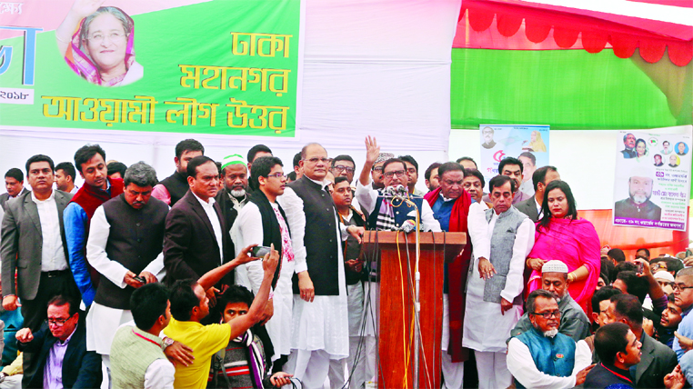 Road Transport and Bridges Minister Obaidul Quader speaking at a discussion organised on the occasion of 'January 5 is the Victory of Democracy' by Dhaka Mahanagar Uttar Awami League at Banani ground in the city on Friday.