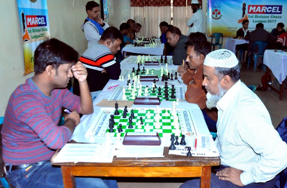 A view of the 8th round matches of the Marcel First Division Chess League at Bangladesh Chess Federation hall-room on Saturday.