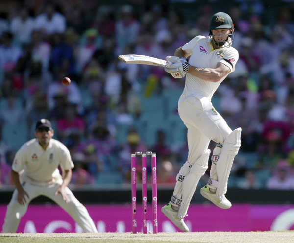 Australia's Shaun Marsh pulls a ball against England during the third day of their Ashes cricket Test match in Sydney on Saturday.