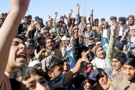 People chant slogans as they take part in an anti-U.S. rally in Chaman, Pakistan on Friday.