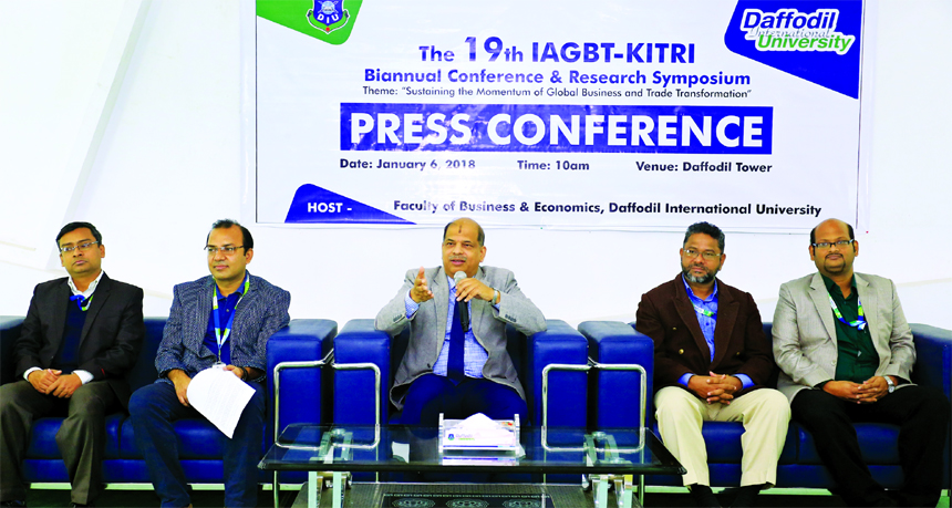Mohammed Masum Iqbal, Convener and Associate Dean of Faculty of Business and Economics of Daffodil International University (DIU), addressing at a press conference at DIU aiming the 19th IAGBT-KITRI Biannual Conference and Research Symposium 2018 will be