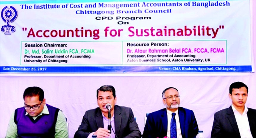 Professor Dr. Md. Salim Uddin, Director of Rupali Bank Limited, speaking at a seminar on"Accounting for Sustainability" organized by Chittagong Branch Council of the Institute of Cost and Management Accountants of Bangladesh (ICMAB) in Chittagong at a