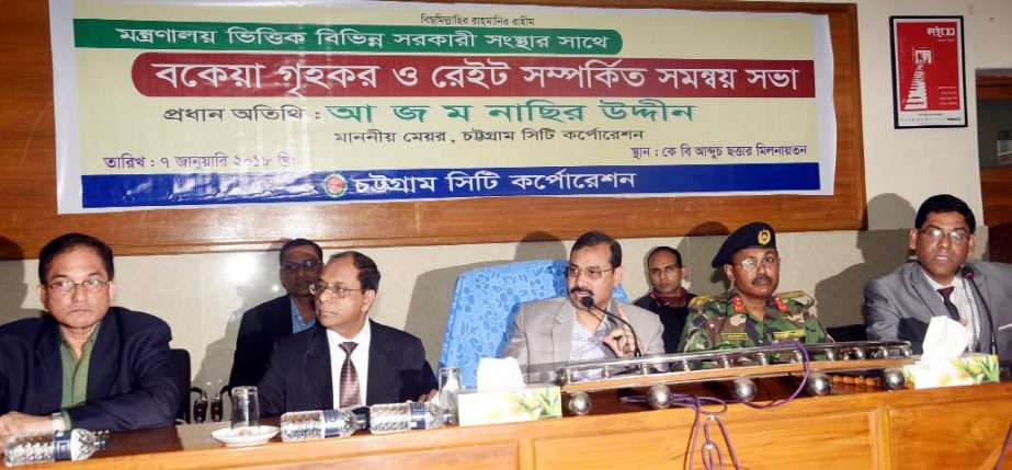 CCC Mayor A J M Nasir Uddin speaking at a coordination meeting with different government organisations on holding tax and fixation of rate at K B Abdus Sattar Auditorium on Sunday.