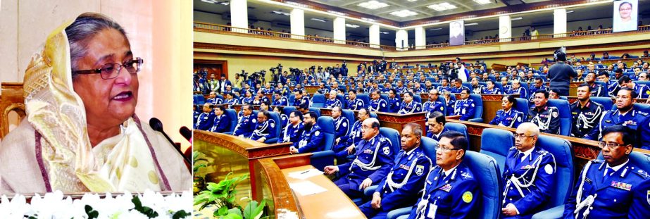 Prime Minister Sheikh Hasina speaking at the views exchange meeting with high officials of police at her office on Tuesday on the second day of Police Week. BSS photo