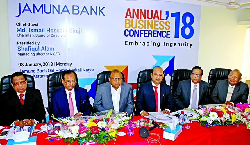 Md. Ismail Hossain Siraji, Chairman, Board of Directors of Jamuna Bank Limited, presiding over its Annual Business Conference-2018 at the banks Old Home Complex in Keranigonj in the city on recently. Nur Mohammed, Chairman, Jamuna Bank Foundation, Shafiqu