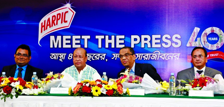 Vishal Gupta, Managing Director of Reckitt Benckiser Bangladesh Limited, addressing at a meet the press of unveiling the new pack of Harpic and announces the solidarity with 'Dettol-Channel I Porichchonno Bangladesh' campaign at its office in the city o