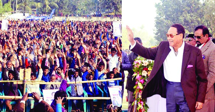 GAIBANDHA: Jatiya Party Charmin Hussein Muhammad Ershad addressing a public rally at Abdul Mazid Government Boy's High School ground at Sundarganj Upazila as Chief Guest on Monday.