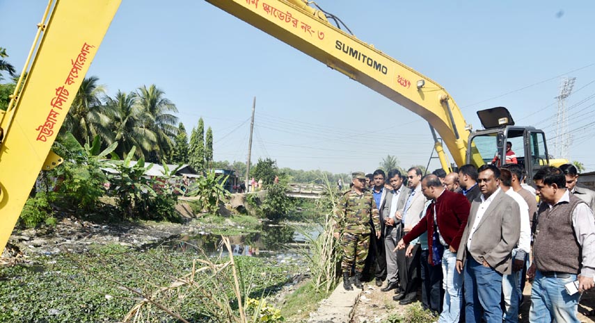 CCC Mayor A J M Nasir Uddin visiting canal digging and dust removing works from Sagorika point to Mosh Canal to mitigate water logging on Monday.