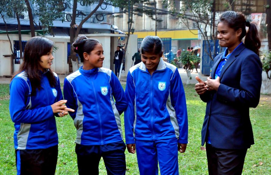 Bangladesh Woman footballers, who arrive at the BFF House to report to Head Coach of Bangladesh National Women's Football team Golam Rabbani Choton on Wednesday.