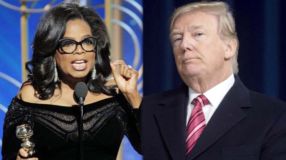 Oprah poses backstage at the 75th Golden Globe Awards in Beverly Hills/ Trump concludes his remarks at the American Farm Bureau Federation convention in Nashville.