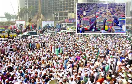 Several thousands of people belongings to a faction of Islamic movement 'Tabligh Jamaat' staged demonstration outside Dhaka Airport area against the arrival of top Jamaat leader Maulana Saad Kandolvi from India, creating huge traffic congestion on major