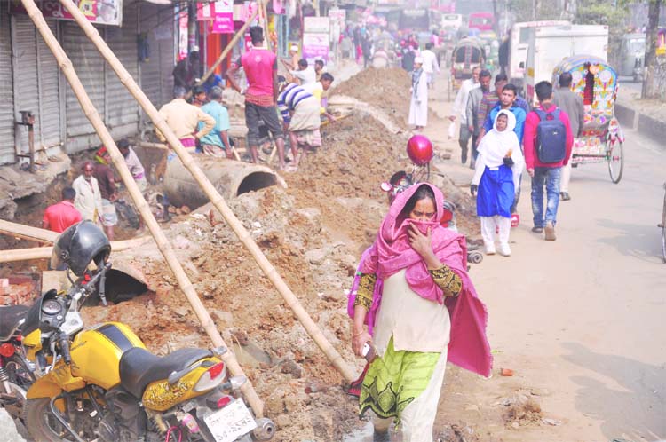 Most of city roads in hazardous situation as road digging continues unabated for development work of utility services, causing immense sufferings to general people. This photo was taken from Kamalapur area on Wednesday.