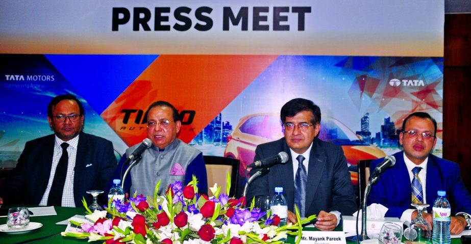 Abdul Matlub Ahmad, Chairman of Nitol-Niloy Group and former President of FBCCI, addressing at press conference of launching the Tata Tiago AMT Car at a hotel in the city on Friday. Mayanik Pareek, President of Passenger Vehicle Business Unit of Tata Moto