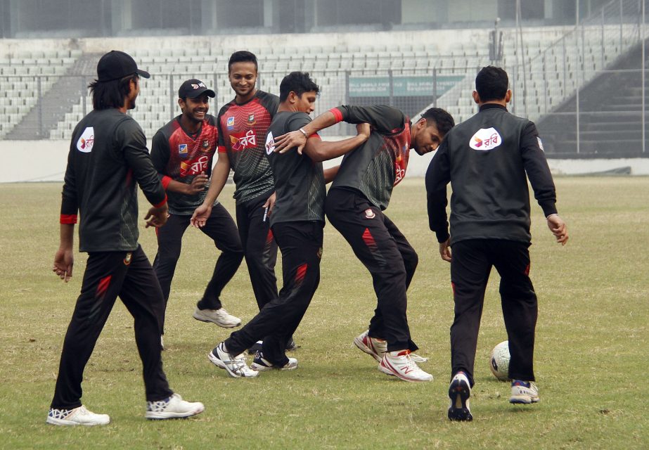 Players of Bangladesh National Cricket team playing football as part of their practice at the Sher-e-Bangla National Cricket Stadium on Saturday.