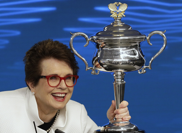 Billie Jean King, former ladies singles champion holds the Daphne Akhurst Memorial Cup during a press conference ahead of the Australian Open tennis championships in Melbourne, Australia on Friday.