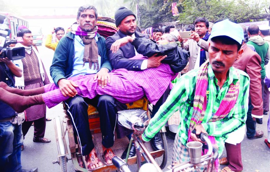 An ailing teacher being taken to nearby hospital as Ebtedayee Madrasa teacher continuing hunger strike unto death on 5th day in front of Jatiya Press Club demanding for nationalization of their service. This photo was taken on Saturday.