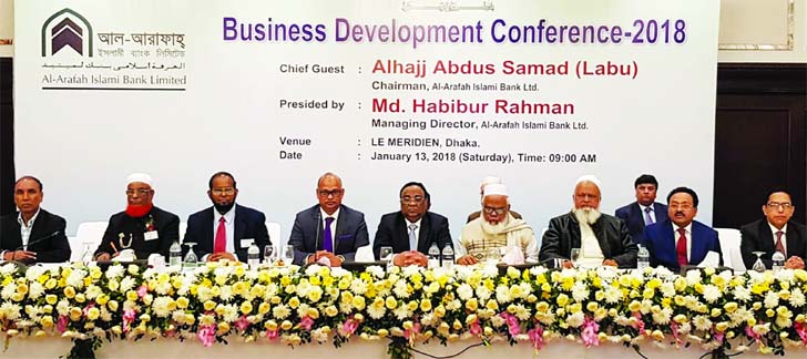 Abdus Samad Labu, Chairman of Al-Arafah Islami Bank Limited, presiding over its 'Business Development Conference 2018' at a hotel in the city on Saturay. Md. Habibur Rahman, Managing Director, Directors and managers from 154 branches of the bank were pr