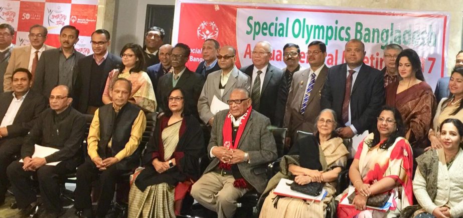 The newly elected Executive Committee of Special Olympics Bangladesh pose for a photo session in the city's Tejgaon on Saturday.