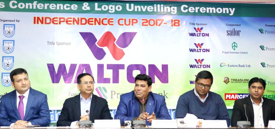 Operative Director (Head of Sports & Welfare Department) of Walton Group FM Iqbal Bin Anwar Dawn speaking at the logo-unveiling programme of the Walton Independence Cup Football at the conference room in Bangladesh Football Federation House on Monday.