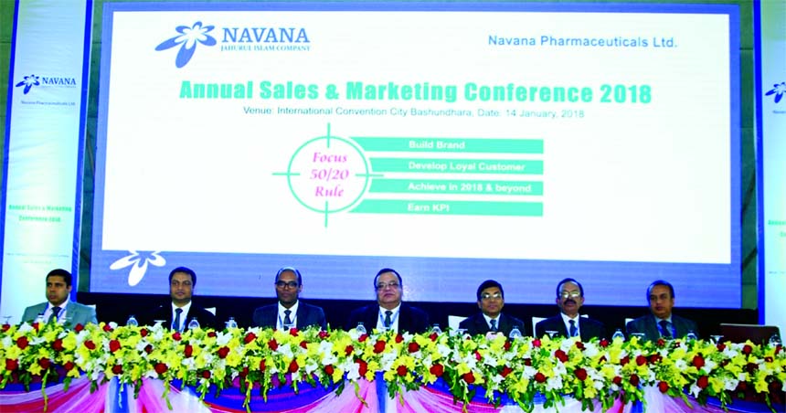 Dr. Ali Reza Baksh, Managing Director of Navana Pharmaceuticals Limited, presiding over its 'Annual Sales and Marketing Conference-2018' at a convention centre in the city on Sunday. Akhil Chandra Bhowmik, Executive Director and Deb Narayan, DGM of the